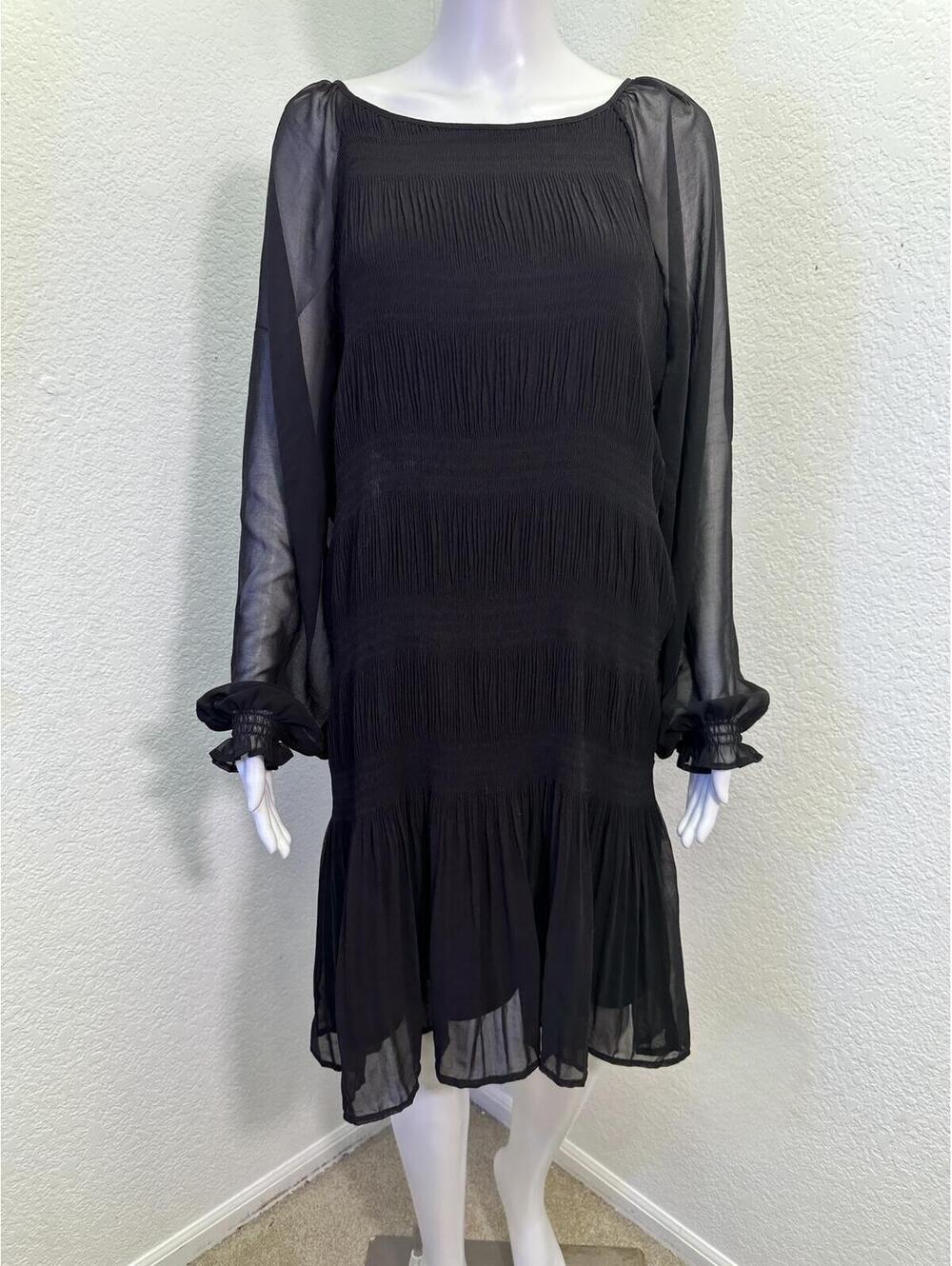 Womens Sz M Davina Black Chiffon Pleated Gothic Midi Dress Witchy Dark Alt